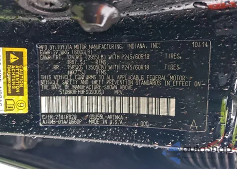 2015 Toyota Highlander Le from USA, damaged, VIN 5TDBKRFH9FS093093